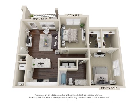 Floor plan for 2 beds, 1 bath, 903 sqft